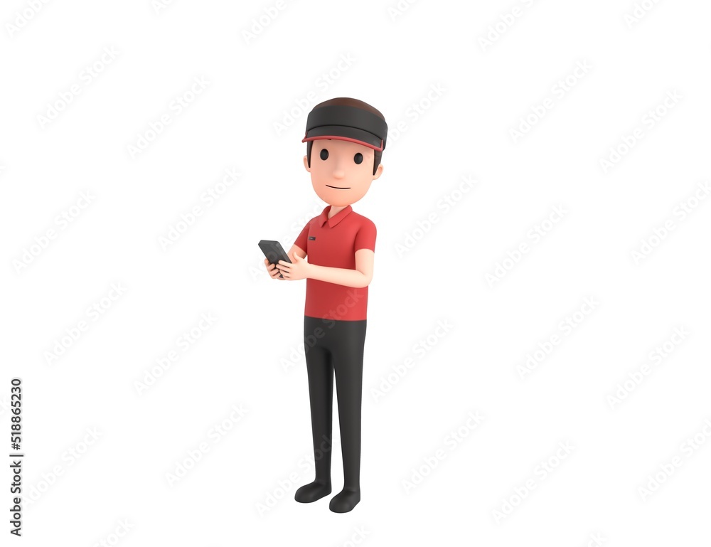 Fast Food Restaurant Worker character using smartphone and looking to camera in 3d rendering. Fast Food Restaurant Worker character using smartphone and looking to camera in 3d rendering.