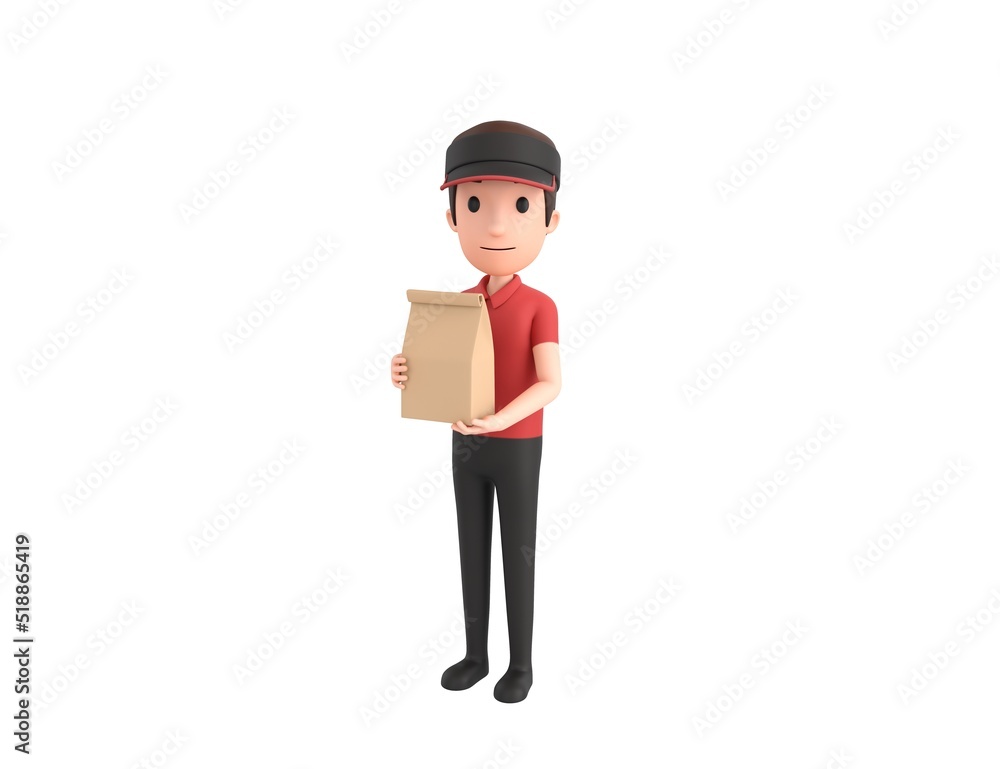 Fast Food Restaurant Worker character holding paper containers for takeaway food in 3d rendering. Fast Food Restaurant Worker character holding paper containers for takeaway food in 3d rendering.
