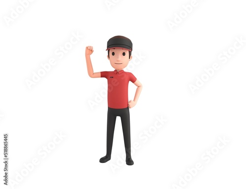 Fast Food Restaurant Worker character raising right fist in 3d rendering. © Baria
