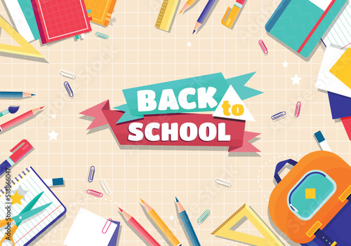 Back to school. Poster or banner with pencils and briefcase, school supplies. September 1 and beginning of school year. Discounts, sales and special holiday offer. Cartoon flat vector illustration