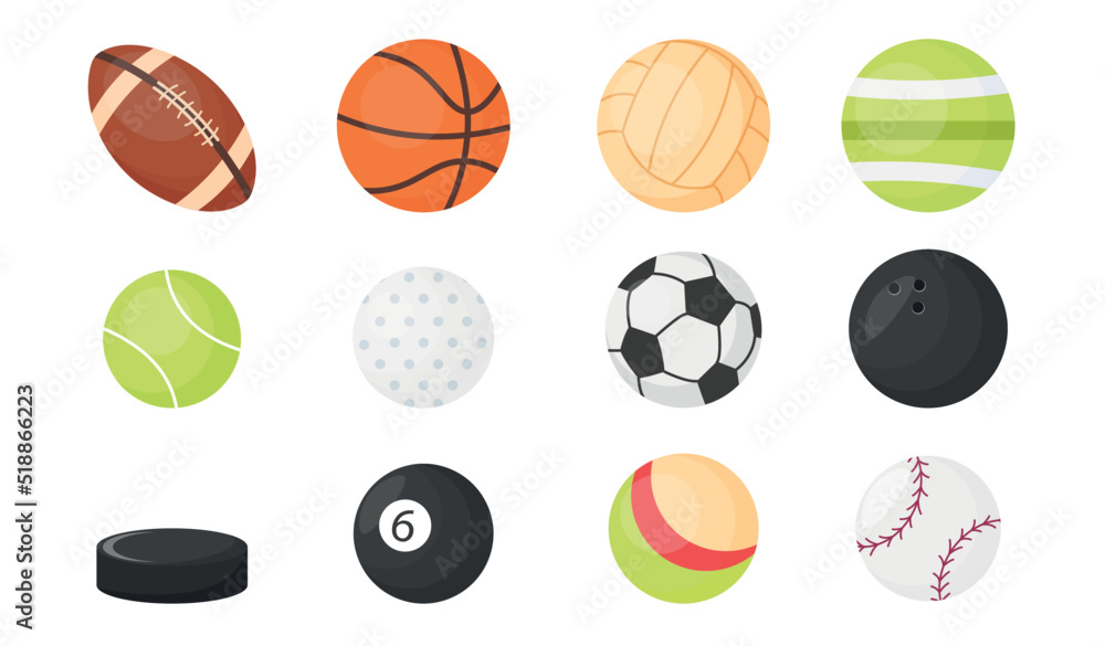 Fototapeta premium Set of balls. Collection of inventory for different sports. Football, rugby, basketball, volleyball, golf, bowling, hockey and tennis. Cartoon flat vector illustrations isolated on white background