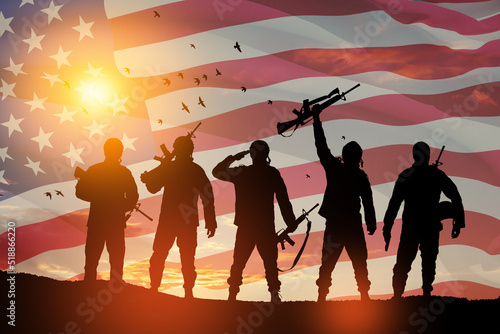 USA army soldiers on a background of USA flag. Greeting card for Veterans Day, Memorial Day, Independence Day.