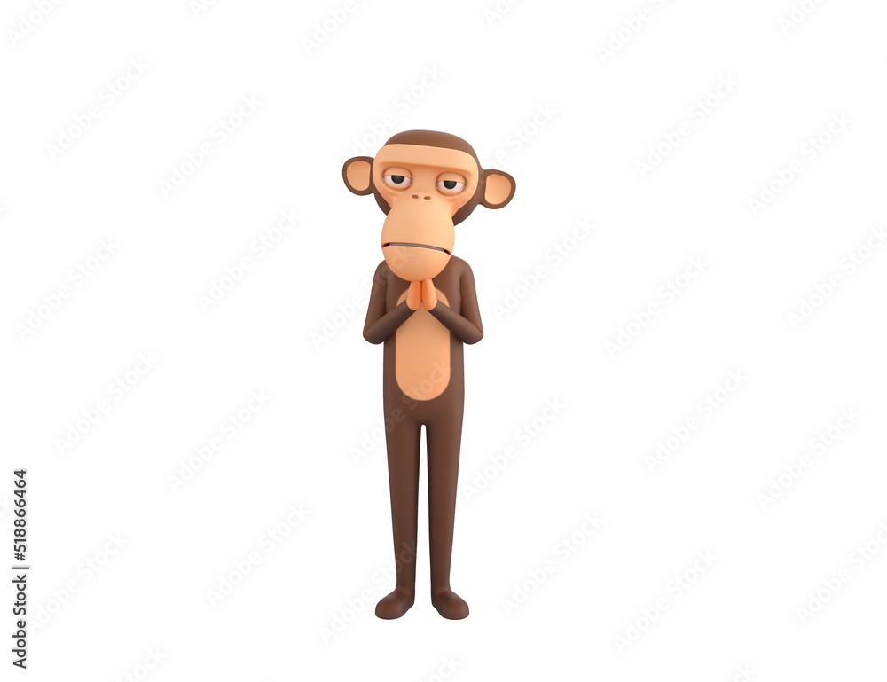 Monkey character praying with hands held together in 3d rendering.