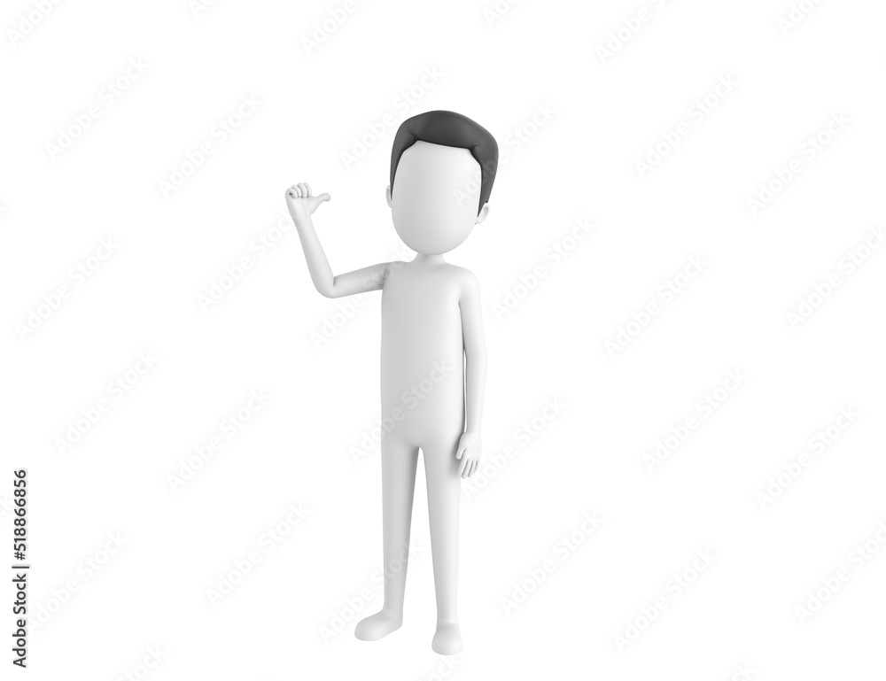 Stick Man with Hair character pointing back thumb up empty space in 3d rendering. Stick Man with Hair character pointing back thumb up empty space in 3d rendering.