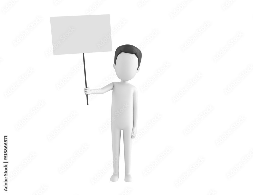 Stick Man with Hair character holding blank banner in 3d rendering.