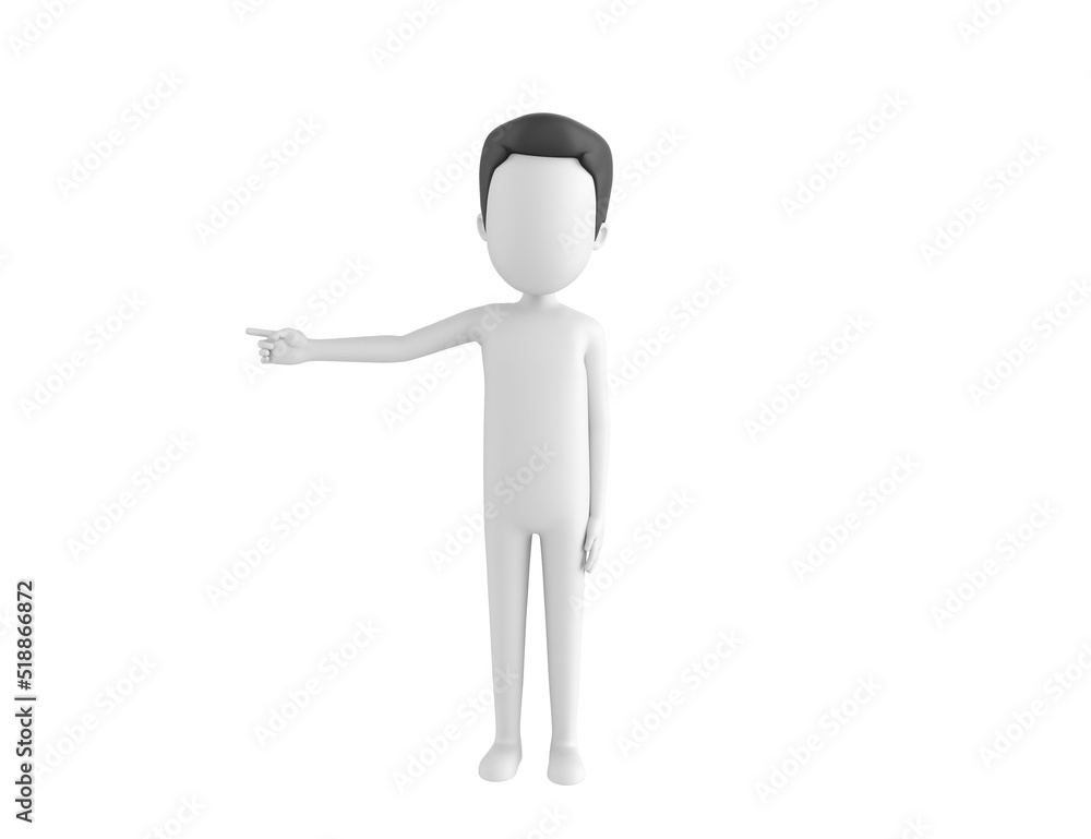 Stick Man with Hair character pointing his finger to the left in 3d rendering. Stick Man with Hair character pointing his finger to the left in 3d rendering.
