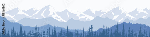 Mountain landscape, panoramic view of ridges and forest in fog, vector illustration