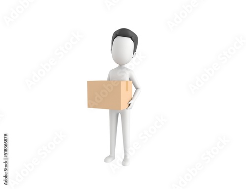 Stick Man with Hair character carrying a package in 3d rendering.
