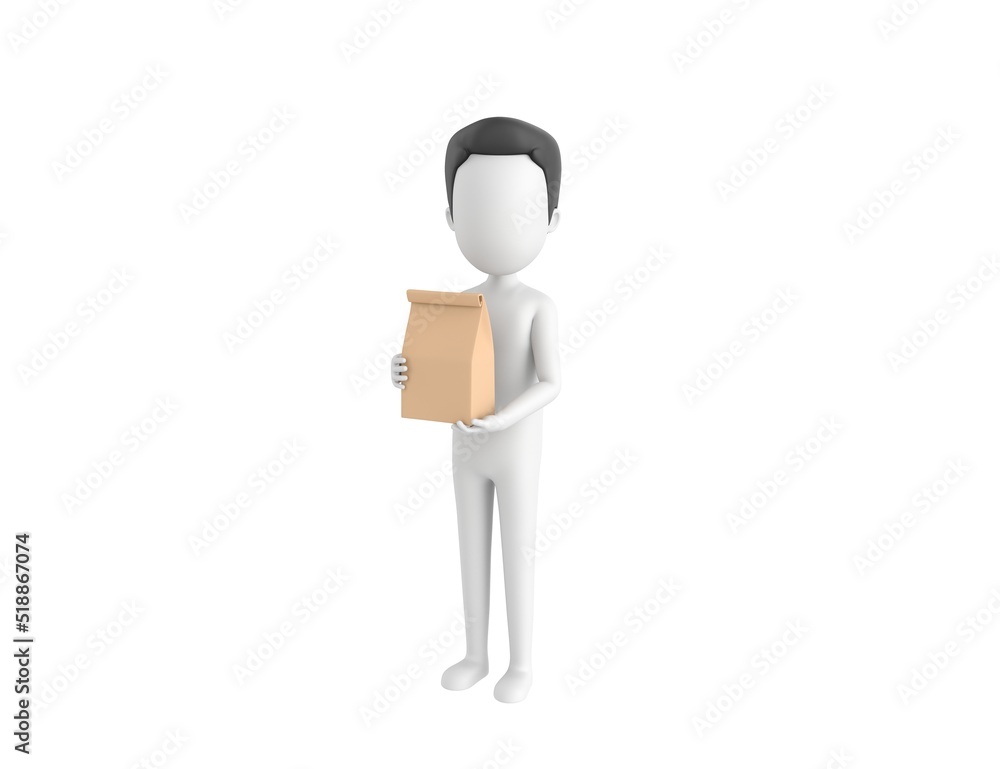 Stick Man with Hair character holding paper containers for takeaway food in 3d rendering. Stick Man with Hair character holding paper containers for takeaway food in 3d rendering.