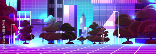 neon urban town street view through VR glasses mega city building houses exterior metaverse virtual reality technology