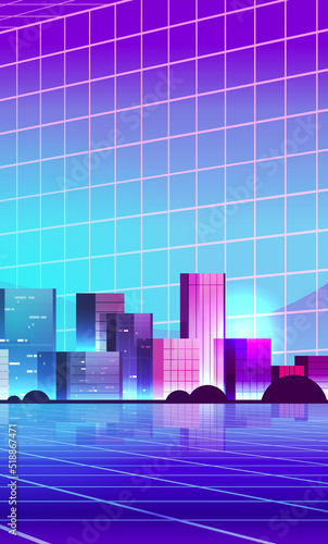 neon urban town street view through VR glasses mega city building houses exterior metaverse virtual reality technology