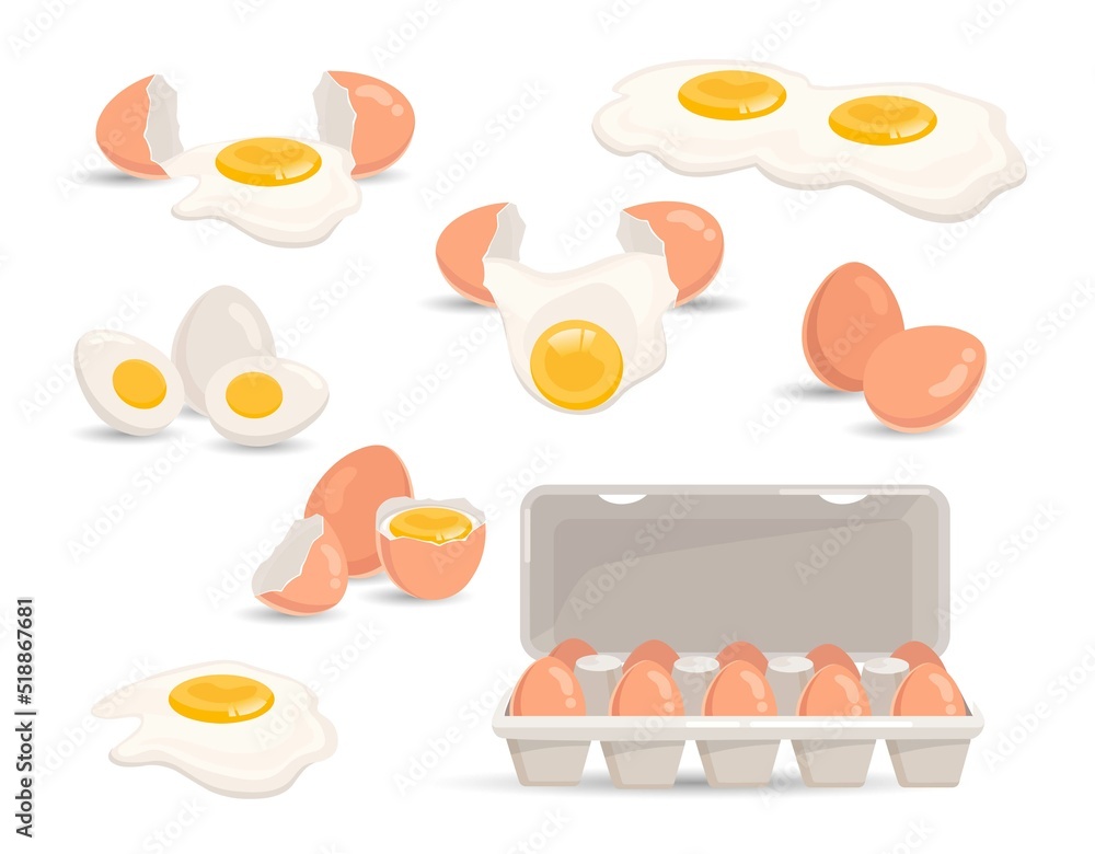Set of eggs. Collection of different dishes and whole and broken egg shapes. Natural and fresh organic products. Yolk and protein. Cartoon flat vector illustrations isolated on white background Set of eggs. Collection of different dishes and whole and broken egg shapes. Natural and fresh organic products. Yolk and protein. Cartoon flat vector illustrations isolated on white background