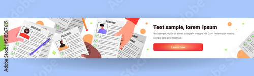 hr manager hand choosing cv portfolios of job candidates resume horizontal full length