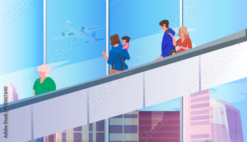People passengers moving escalator staircase at airport hall departure terminal interior horizontal