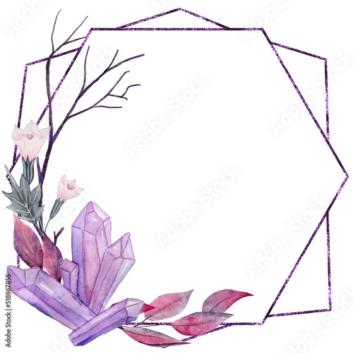 Hand drawn illustration of crystal Halloween mystic magic frame with purple leaves black branches crystals mushrooms. Spooky horror flowers floral invitation elegant mystic design. photo