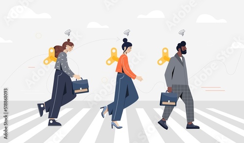 Tired businesspeople concept. Men and women with briefcases hardly go to work. Characters with low battery. Overworked bosses, emotional burnout. Multitasking. Cartoon flat vector illustration