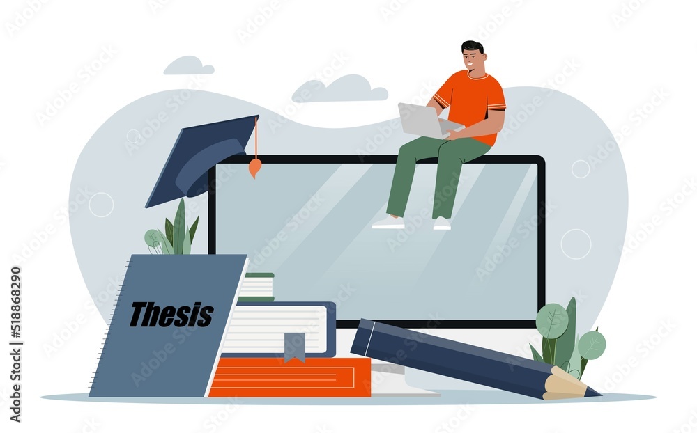 Student preparing dissertation. Young guy with laptop computer writes thesis, homework and distance learning. Education, studying and preparation for examination. Cartoon flat vector illustration Student preparing dissertation. Young guy with laptop computer writes thesis, homework and distance learning. Education, studying and preparation for examination. Cartoon flat vector illustration
