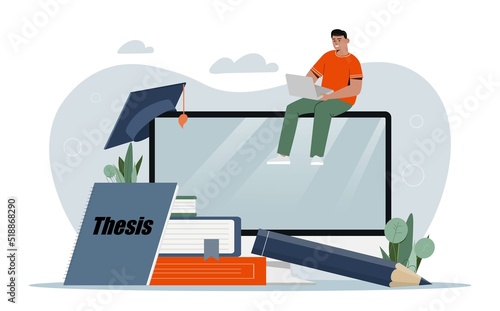 Student preparing dissertation. Young guy with laptop computer writes thesis, homework and distance learning. Education, studying and preparation for examination. Cartoon flat vector illustration