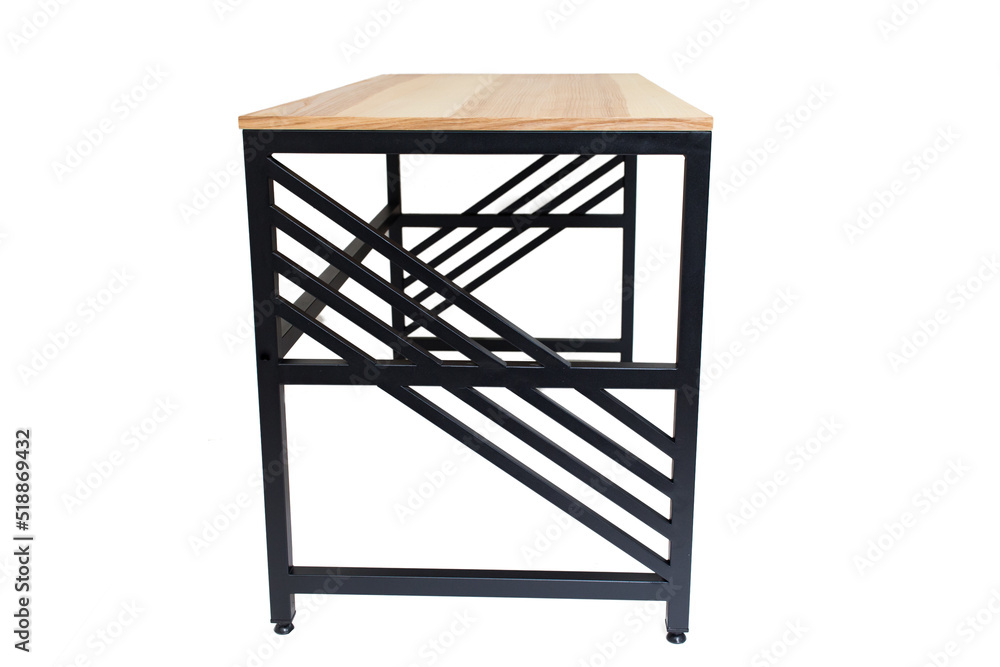 Loft-style table made of black metal pipe and wooden top. Office furniture. Table with metal frame and wooden top. Modern furniture in loft style. Furniture isolated on white background. Office table