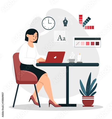 Digital artist concept. Woman sits at laptop and creates graphic elements for website. Designer selects color, develops interface for program or application. Cartoon flat vector illustration