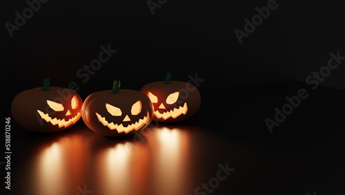 Halloween pumpkin head jack lantern 3 balls placed on the ground at night, black background,3d render