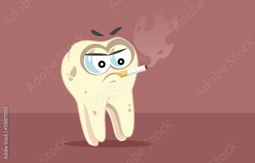 Yellow Molar Tooth Smoking a Cigarette Vector Cartoon Illustration. Tobacco effects on teeth enamel vector concept design
