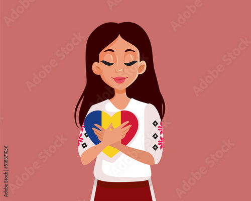 Romanian Woman Holding a National Flag Heart Vector Illustration. Beautiful girl from Romania wearing a traditional outfit 