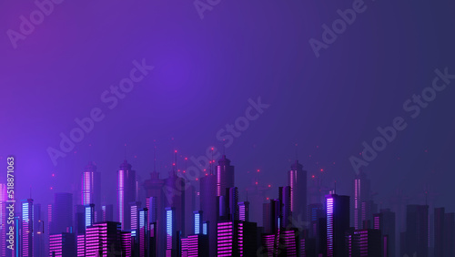 3d render of Cyber night mega city landscape scene. Light glowing and reflection on dark tech scene. Night life. Technology network for 5g. Beyond futuristic of Sci-Fi Capital city and building scene.