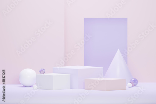 3d render Pastel Green minimal background with podium stand. Purple stage platform for cosmetic product presentation and advertising. Studio scene with showcase pedestal in clean design.