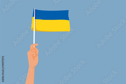 Hand Waving Ukrainian National Flag Vector Concept Illustration. Hopeful patriotic person from Ukraine protesting horrific war  