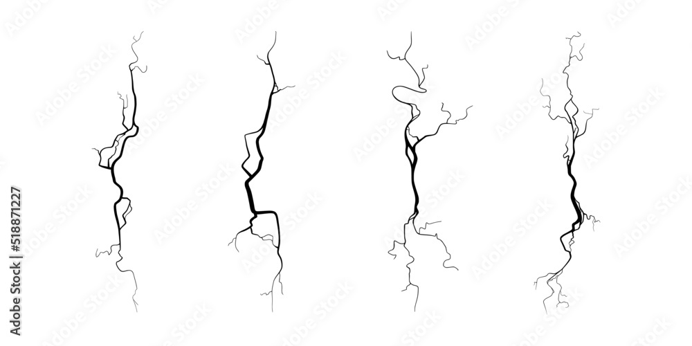 Crack on concrete or ground due to aging or drought. Set of fissures isolated in white background. Monochrome vector illustration