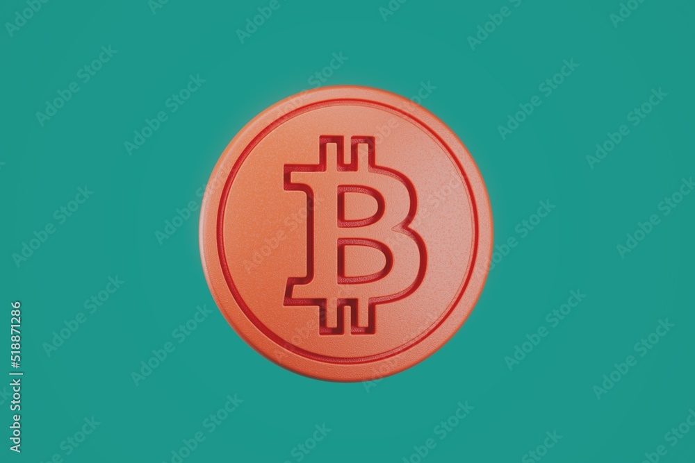 3d orange icon of bitcoin on green background. 3d orange icon of bitcoin on green background.