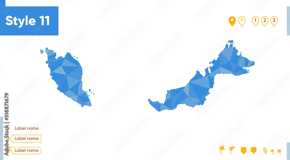Malaysia - blue low poly map, polygonal map. Outline map. Vector illustration.