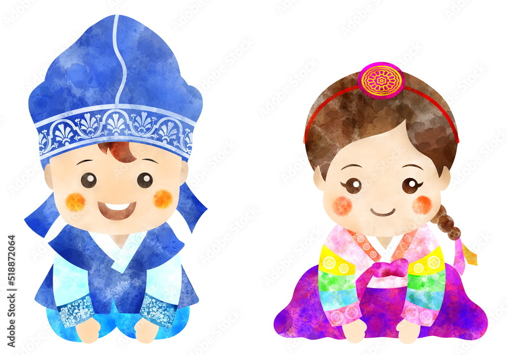 Graphic images of boys and girls bowing down in hanbok on Korean holidays Graphic images of boys and girls bowing down in hanbok on Korean holidays