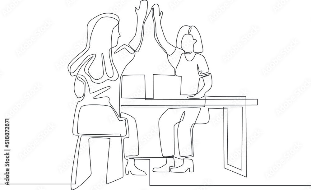 simple line of two female workers high-five with her hands to celebrate success at work. one line concept of office activity.