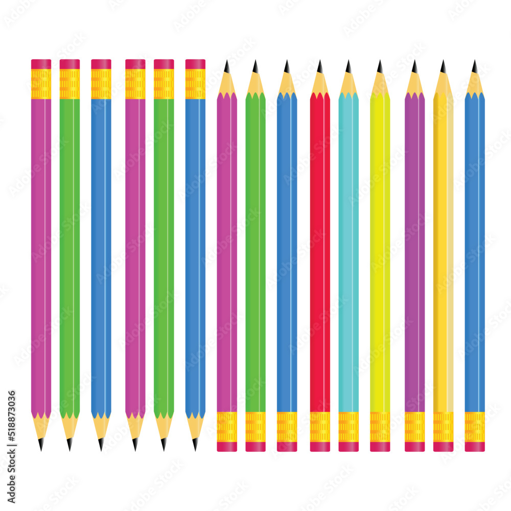 Colored pencils laying in row. Wave line made by pencil tips. Set of crayons for illustrations, art, studying. Vactor Colored pencils laying in row. Wave line made by pencil tips. Set of crayons for illustrations, art, studying. Vactor