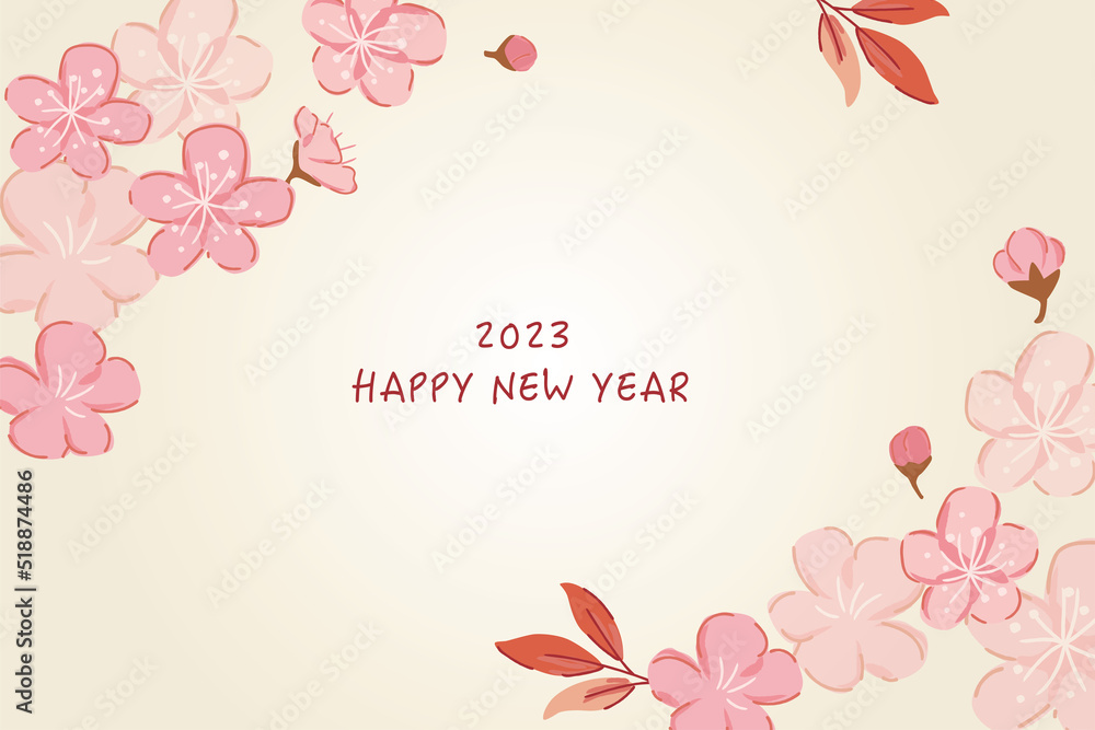 Fototapeta premium 2023 Happy New Year, New year card design template with plum blossoms.