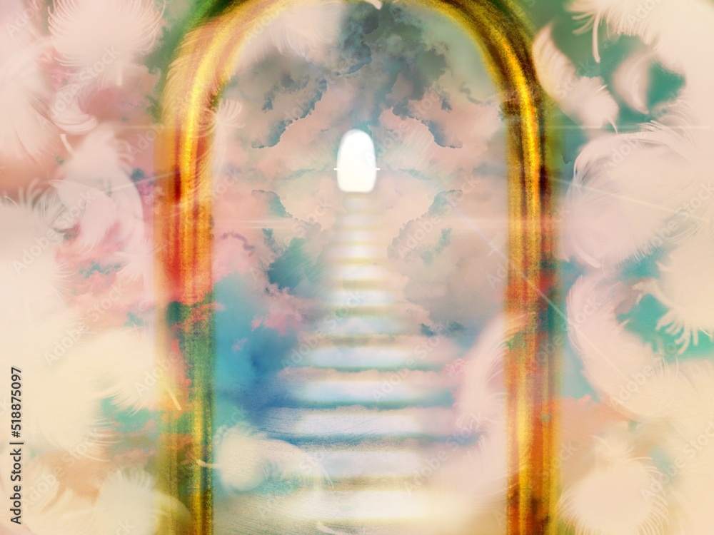 This illustration depicts the golden gates of heaven seen beyond the