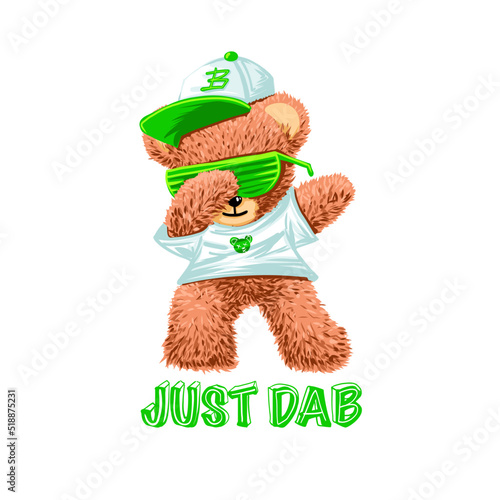 Retro Teddy Bear toy with sunglasses and hat on green theme for t-shirt print design vector illustration and slogan "Just dab". Pop or hip hop music concept.