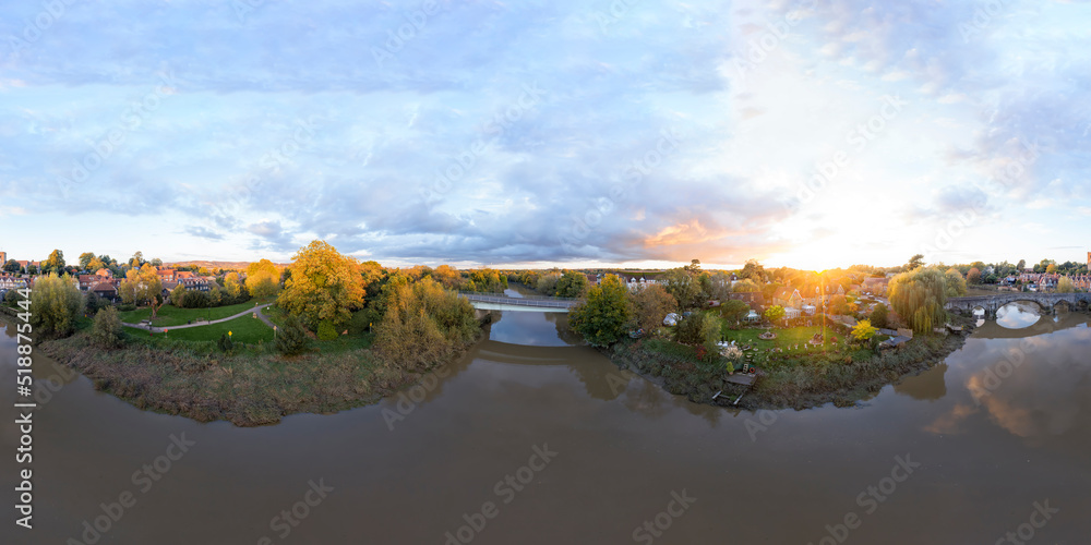 360 degree spherical panorama of Aylesford village in Kent in autumn tints at sunset