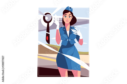 Stewardess in blue uniform at work