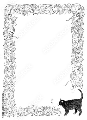 Frame with line drawing of a raven and a black cat