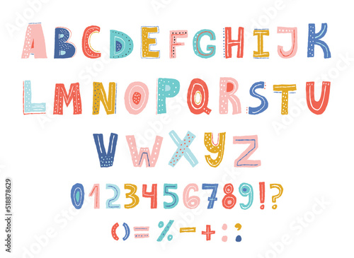 Colorful childish alphabet, letters and numbers vector illustration.