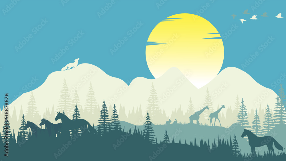 Mountain view with wolf, horse, rabbit, in forest and fir trees