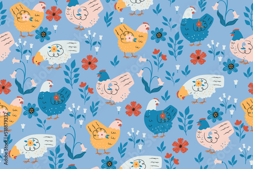 Seamless pattern with cute chickens and flowers. Vector graphics.