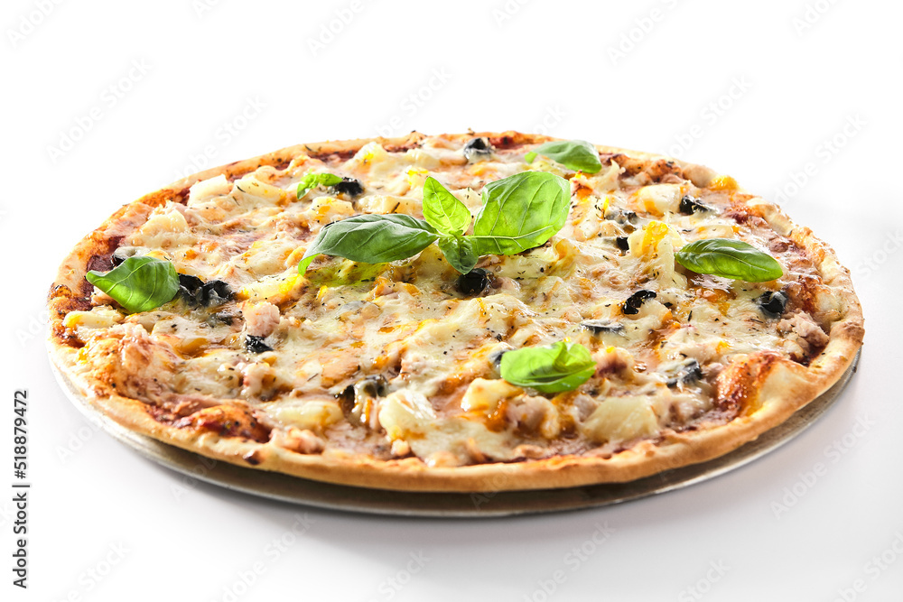 Thin Hawaiian Pizza with Chicken Fillet and Pineapples Isolated