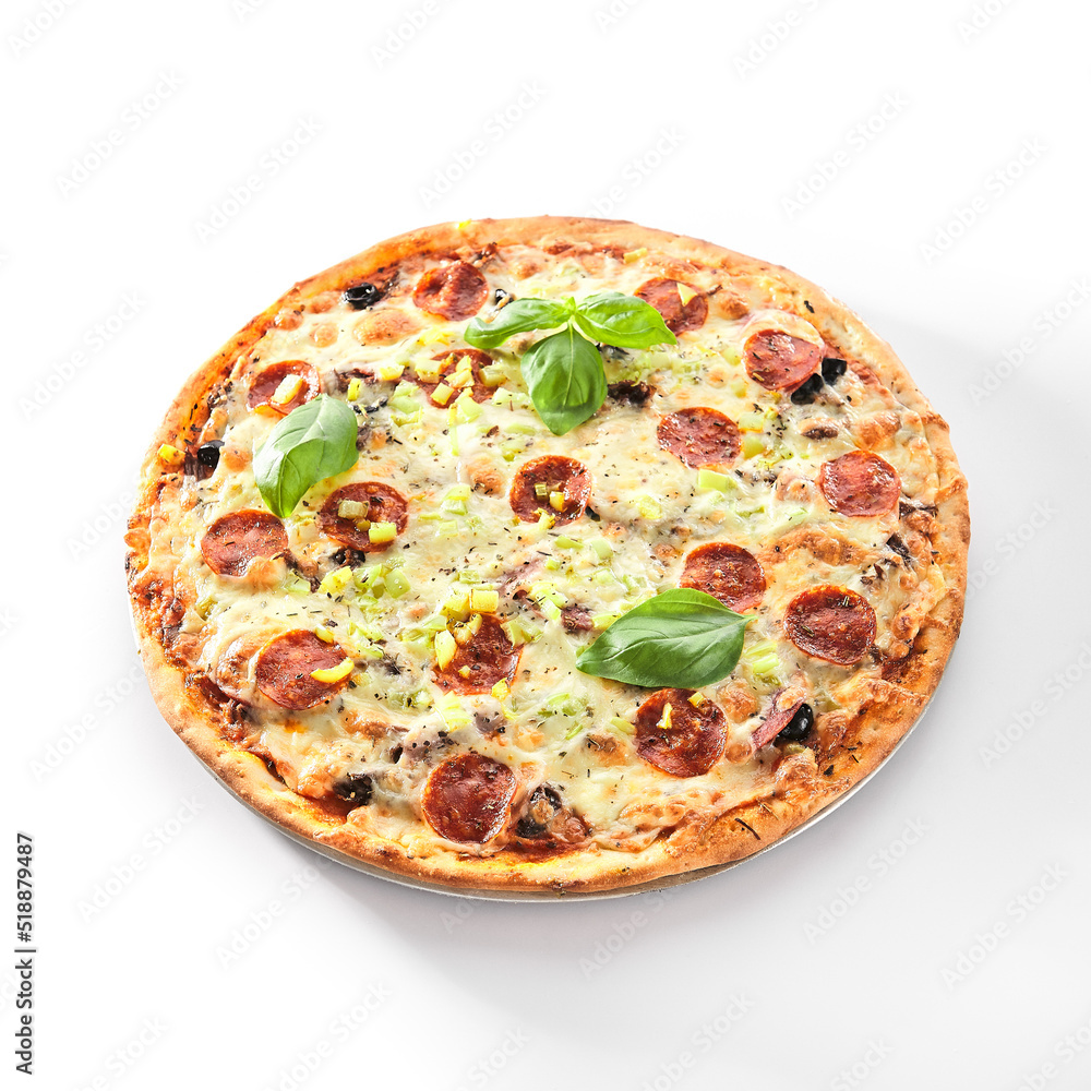 Pizza with Marbled Beef, Ham, Salami and Chorrizo Isolated Pizza with Marbled Beef, Ham, Salami and Chorrizo Isolated