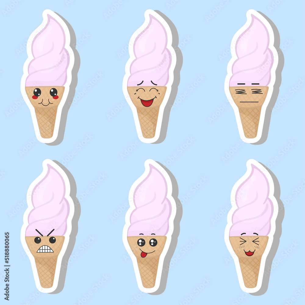 Fototapeta premium Vector set of funny ice cream stickers with kawaii emotions. Kawaii faces. Vector illustration of cartoon ice cream