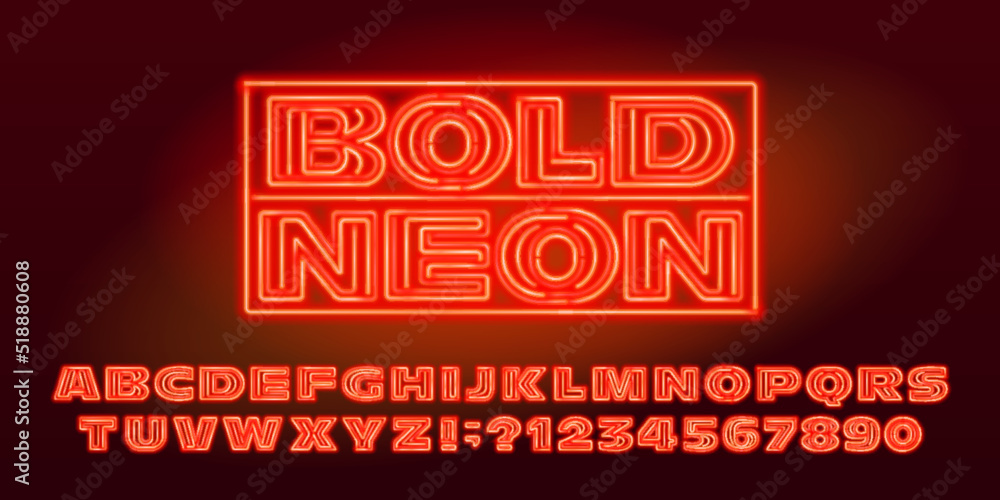 Bold Neon alphabet font. Orange neon letters and numbers. Stock vector typescript for your design.