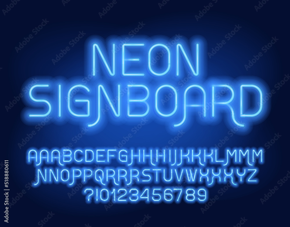 Neon Signboard alphabet font. Blue neon color geometric letters with alternates and numbers. Stock vector typeface for your design.